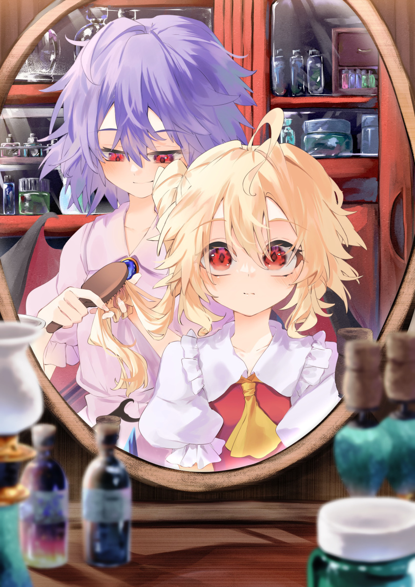 2girls absurdres ahoge ascot blonde_hair blush brushing_another's_hair brushing_hair calpis118 collarbone female_pov flandre_scarlet hair_brush highres holding holding_hair_brush indoors messy_hair mirror multiple_girls one_side_up pov puffy_short_sleeves puffy_sleeves purple_hair red_eyes reflection remilia_scarlet short_sleeves siblings sisters smile touhou yellow_ascot