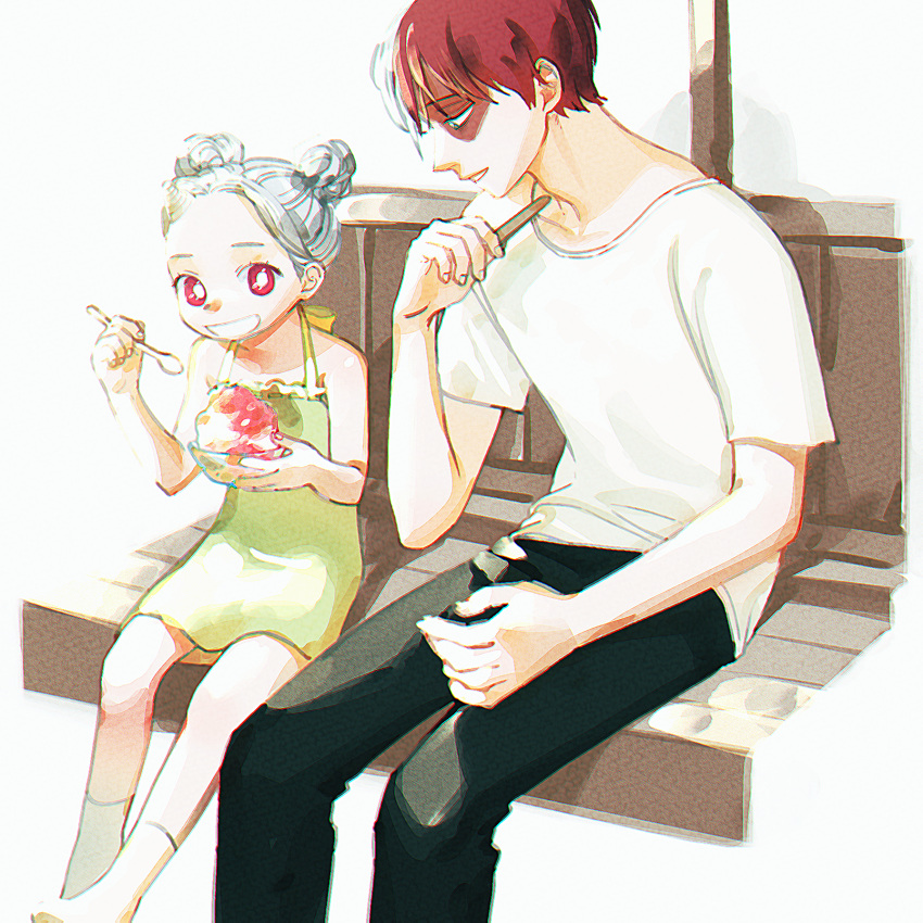 1boy 1girl black_pants boku_no_hero_academia burn_scar double_bun dress eri_(boku_no_hero_academia) food grey_hair hair_bun highres holding holding_spoon holding_stick multicolored_hair oru_2ji pants popsicle_stick red_eyes red_hair scar scar_on_face shaved_ice shirt sitting split-color_hair spoon stick todoroki_shouto two-tone_hair white_hair white_shirt yellow_dress