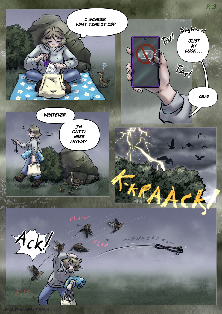 absurd_res avian bird cellphone comic electricity electronics english_text fanimal_creations female fog forest hi_res human iris_(the_weight_of_scales) key lightning mammal park phone plant storm text the_weight_of_scales tree webcomic webcomic_character