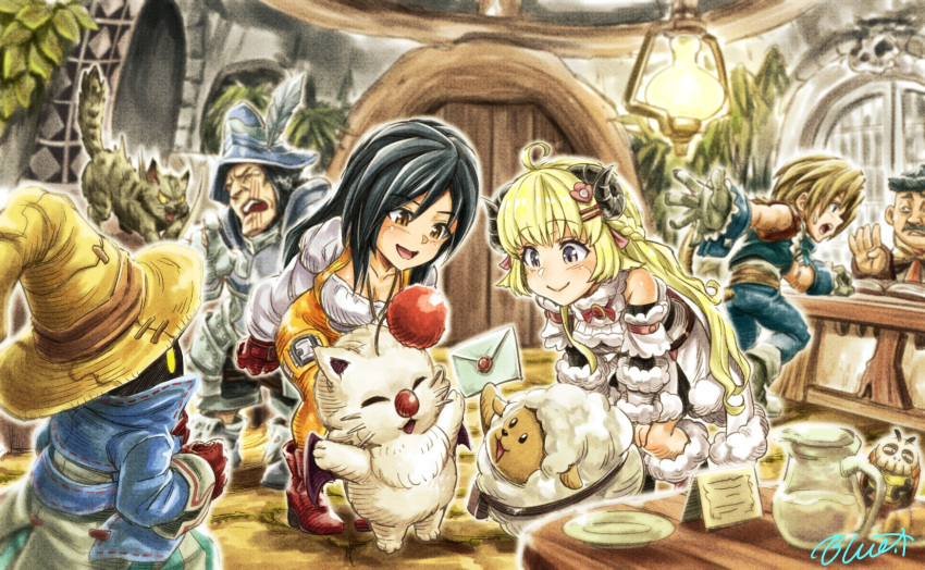 2girls 4boys adelbert_steiner animal_ears annoyed armor black_hair blonde_hair blue_jacket blue_pants breasts buru-dai cat cleavage closed_eyes dress envelope facial_hair final_fantasy final_fantasy_ix fur_trim garnet_til_alexandros_xvii gloves grey_gloves highres holding holding_envelope hololive horns jacket juliet_sleeves knight leaning_forward long_sleeves moogle multiple_boys multiple_girls mustache oglop open_hand open_mouth pants plate puffy_sleeves purple_hair sheep sheep_ears sheep_girl sheep_horns signature smile tsunomaki_watame virtual_youtuber vivi_ornitier white_dress yellow_headwear zidane_tribal