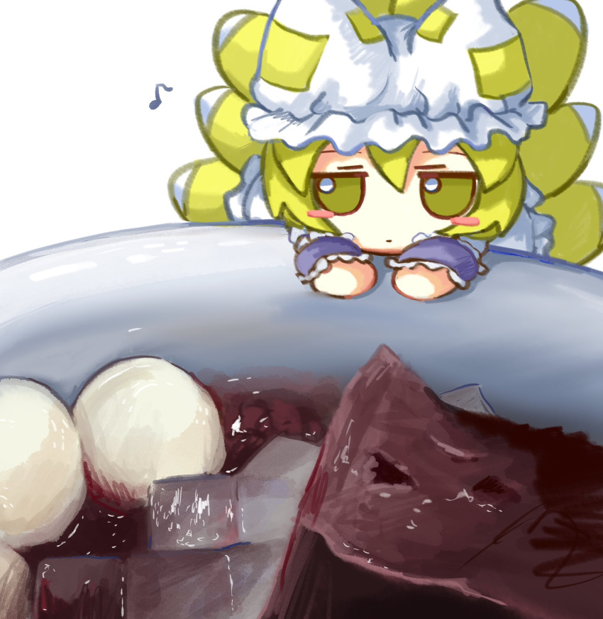 animal_ear_headwear anmitsu_(dessert) blonde_hair blush_stickers bowl closed_mouth commentary food fox_tail frills fumo_(doll) hat highres jitome long_sleeves looking_at_viewer mini_person minigirl mob_cap multiple_tails musical_note tail touhou white_background white_headwear yakumo_ran yakumora_n yellow_eyes