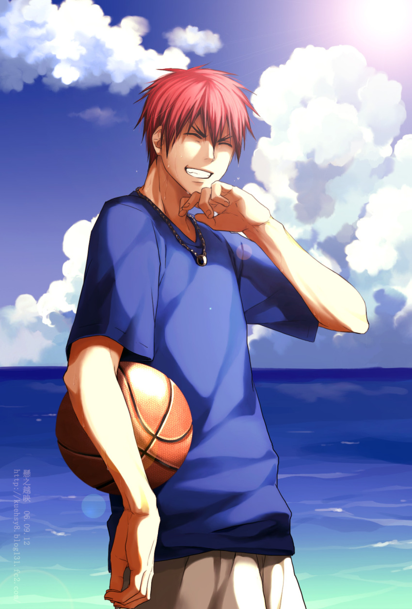 1boy ball basketball blue_shirt blue_sky closed_eyes cloud commentary_request day eyebrows facing_viewer grin hand_on_own_chin highres holding holding_ball kagami_taiga kuroko_no_basuke male_focus ocean outdoors pants red_hair ring_necklace shirt short_hair short_sleeves sky smile solo sunlight sweat teeth water white_pants xuan_zhi_yue_ying