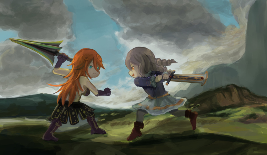 2girls battle blue_eyes boots cloud commentary_request duel duelo_a_garrotazos durandal_(mythology) fantasy fine_art_parody gloves highres mountainous_horizon multiple_girls orange_hair original parody polearm skirt spear spear_the_gungnir style_parody sword user_nwfp5723 weapon