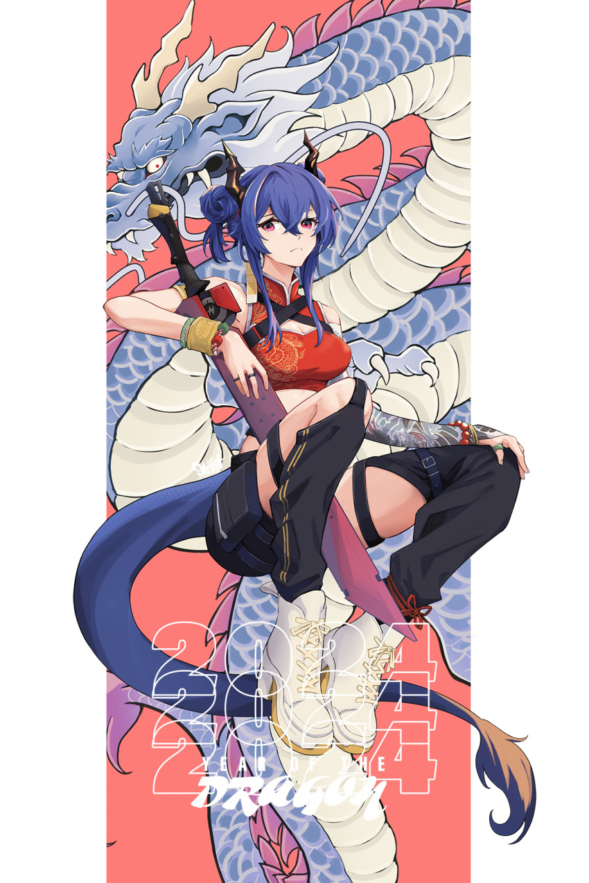 1girl 2024 adapted_costume arknights armlet bare_shoulders blue_hair breasts ch'en_(ageless_afterglow)_(arknights) ch'en_(arknights) chaps chinese_clothes cleavage cleavage_cutout clothing_cutout commentary_request crop_top dragon dragon_horns dragon_tail eastern_dragon hair_bun high_heels highres horns long_hair looking_at_viewer medium_breasts midriff navel peppsi_(saba_sabasuk0) red_eyes shoes sleeveless sneakers solo stomach tail thigh_strap thighs white_footwear
