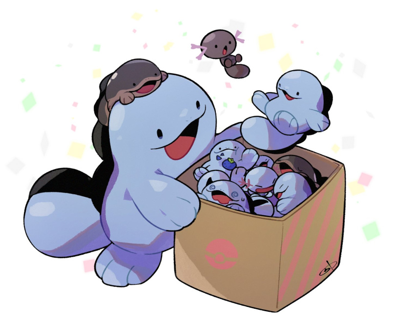 &gt;_&lt; :d @_@ animal_focus berry_(pokemon) blue_skin box clodsire closed_mouth colored_skin commentary_request evolutionary_line no_humans oran_berry paldean_wooper pokemon pokemon_(creature) quagsire rakkonokawa smile solid_oval_eyes sweat tail white_background wooper xd