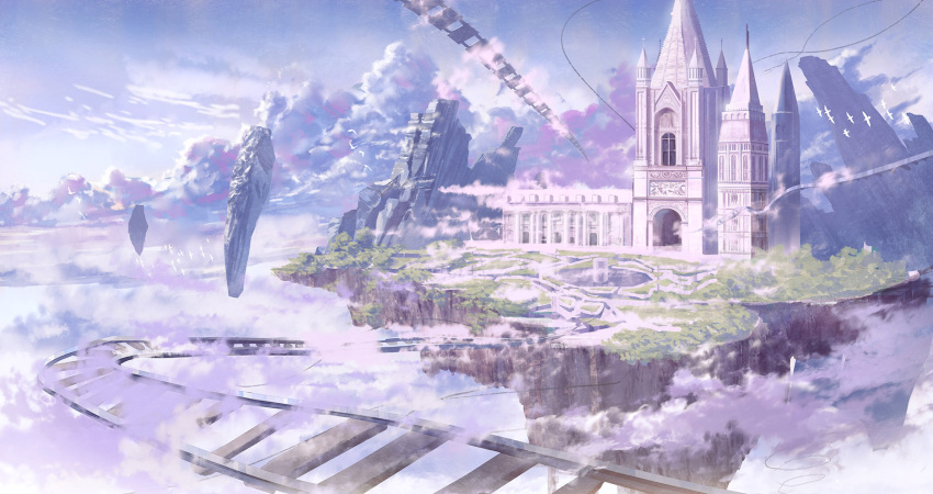 bird building cloud cross fantasy floating_island floating_rock grass heaven highres kojomi_(7j543) mixed-language_commentary no_humans original railroad_tracks scenery sky train_station window