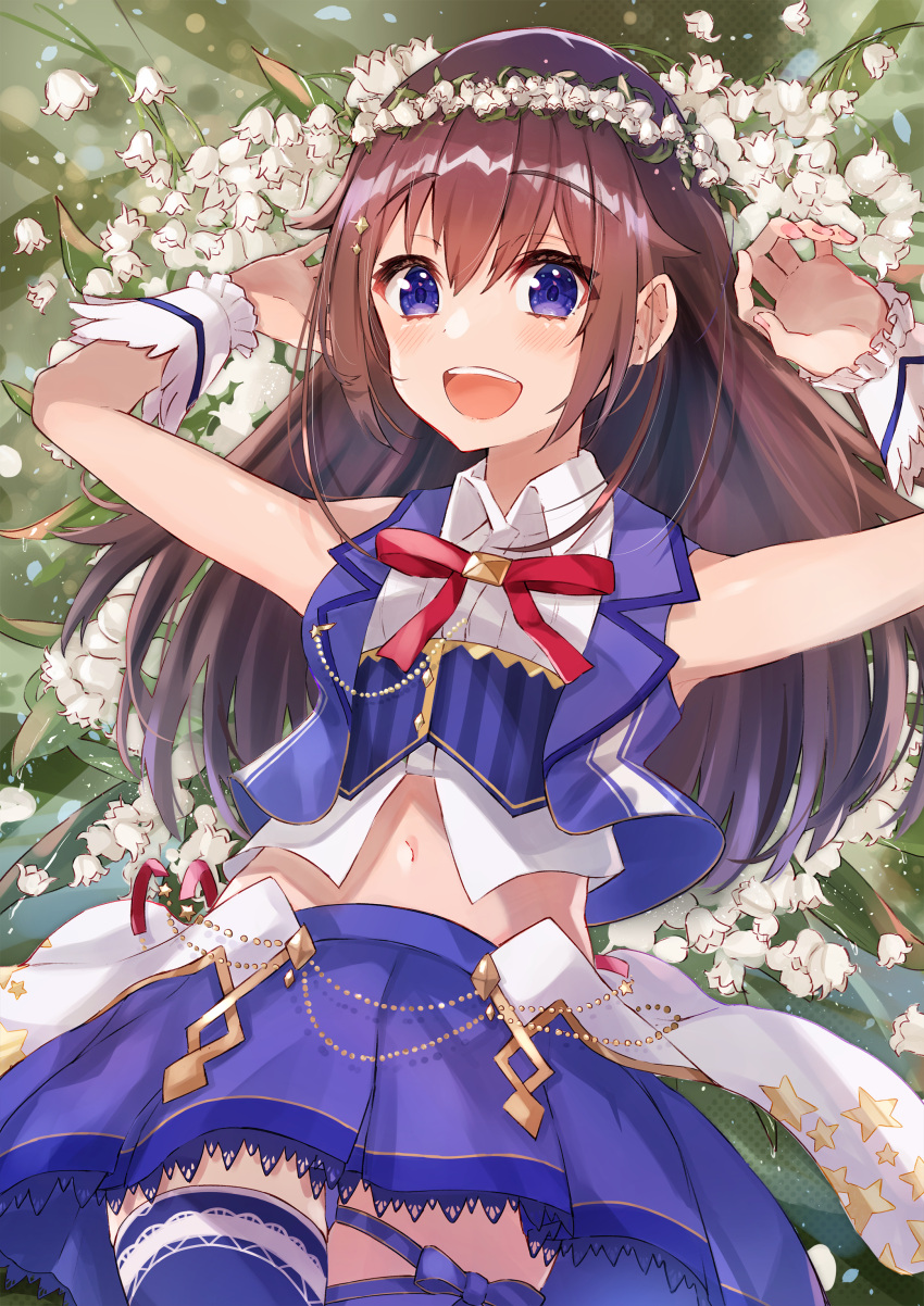 1girl absurdres blue_eyes blue_skirt blue_thighhighs blush brown_hair cropped_vest haru_yu head_wreath highres hololive long_hair looking_at_viewer lying navel on_back purple_eyes skirt smile solo teeth thighhighs tokino_sora tokino_sora_(1st_costume) upper_teeth_only vest virtual_youtuber white_wrist_cuffs