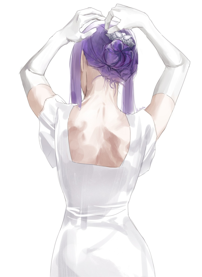 1girl arms_up dress dressing fern_(sousou_no_frieren) from_behind gloves hair_bun hair_up highres o0hiruko0o official_alternate_costume official_alternate_hairstyle purple_hair putting_on_jewelry short_sleeves sidelocks simple_background single_hair_bun solo sousou_no_frieren updo upper_body white_background white_dress white_gloves