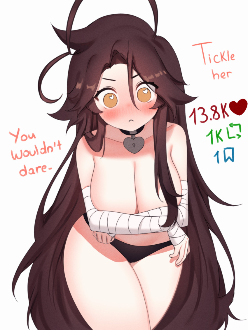 1girl :&lt; absurdres ahoge bandaged_arm bandages black_choker black_panties blush breasts brown_hair choker cleavage collarbone covering_breasts covering_privates cowboy_shot crossed_arms english_text furrowed_brow hair_between_eyes heart heart-shaped_pupils heart_ahoge heart_pendant highres huge_ahoge large_breasts leaning_forward looking_at_viewer meme orange_eyes original panties parted_bangs pendant_choker pussy simple_background sky_above_me solo symbol-shaped_pupils topless twitter_strip_game_(meme) underwear white_background wide-eyed