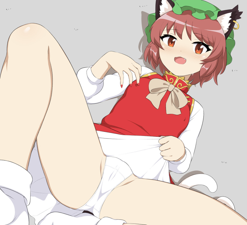 1girl :d animal_ear_fluff animal_ear_piercing animal_ears bare_legs bobby_socks bonobo_(odenokaz) bow bowtie breasts brown_eyes brown_hair cat_ears cat_tail chen clothes_lift commentary_request covered_nipples drop_shadow dutch_angle earrings fang gold_trim grey_background hand_up highres jewelry knees_apart_feet_together lifted_by_self light_blush looking_at_viewer multiple_tails nail_polish nekomata open_mouth panties reclining red_nails short_hair simple_background single_earring sitting skirt skirt_lift small_breasts smile socks solo spread_legs tail touhou two_tails underwear white_bow white_bowtie white_panties
