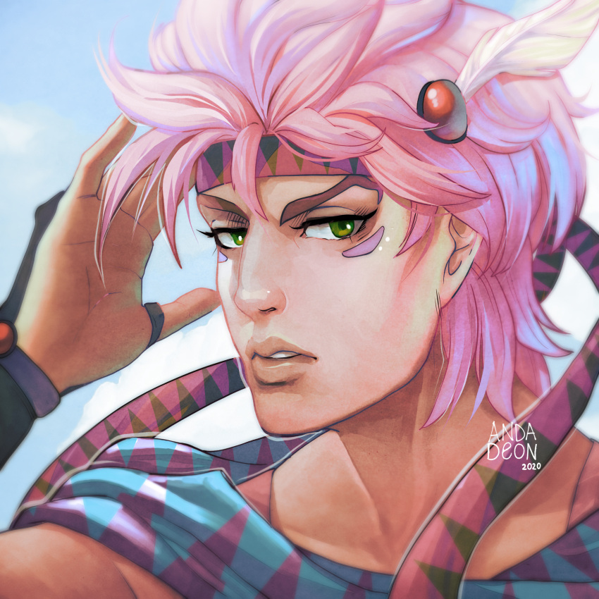 1boy 2020 absurdres andarix battle_tendency caesar_anthonio_zeppeli commentary english_commentary facial_mark feather_hair_ornament feathers green_eyes hair_ornament headband highres jojo_no_kimyou_na_bouken male_focus parted_lips pink_hair portrait signature solo