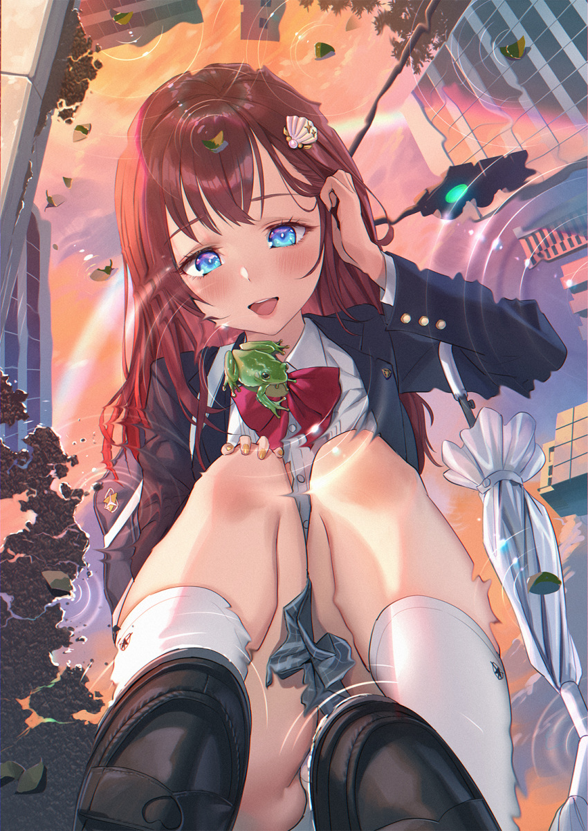 1girl bag bangs blazer blue_eyes blush bow brown_hair building frog highres jacket long_hair md5_mismatch mhk_(mechamania) open_mouth original pleated_skirt puddle red_bow reflection ripples school_uniform shirt skirt solo squatting water white_shirt