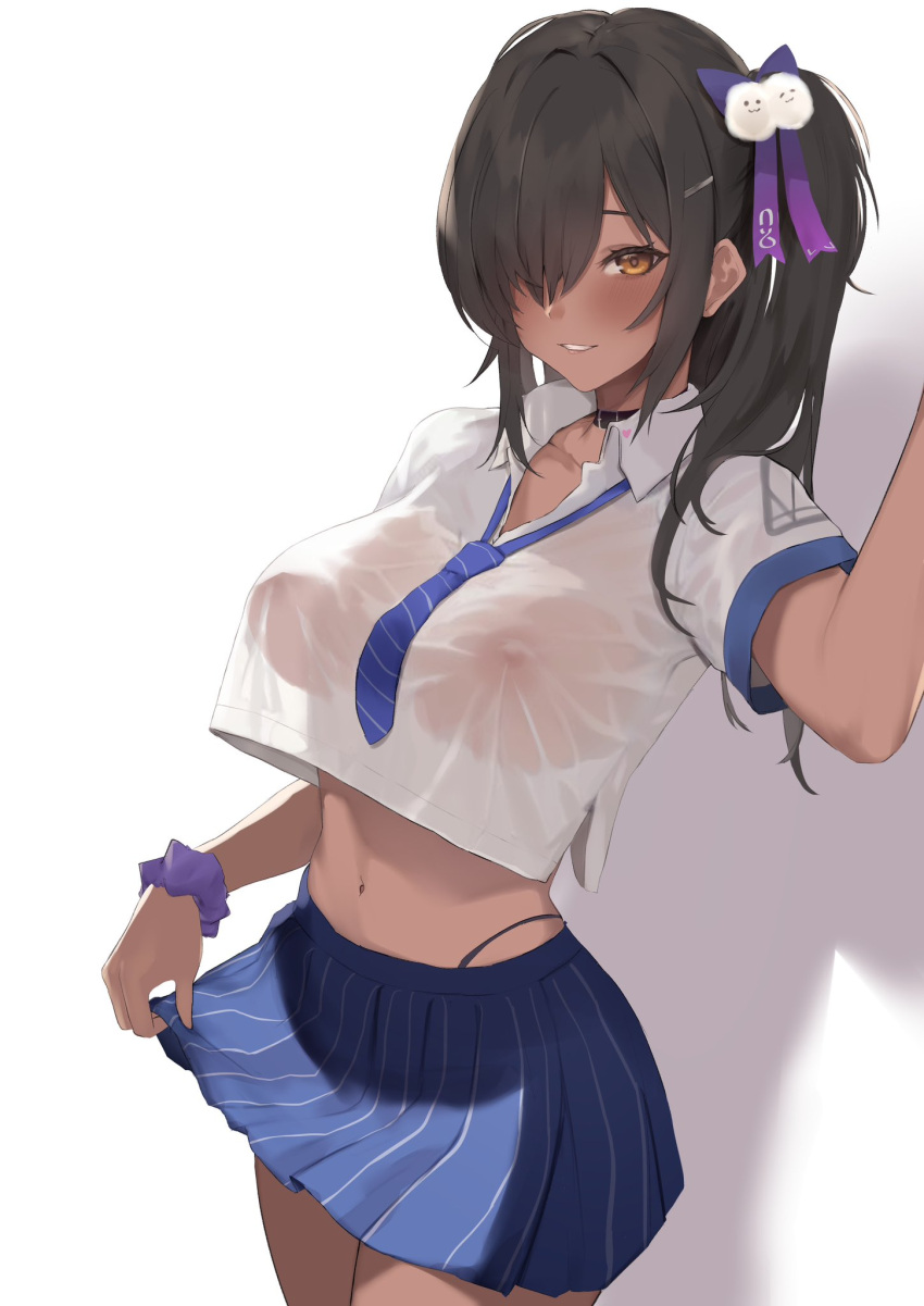 1girl arm_up black_panties blue_necktie blue_skirt bow breasts brown_eyes brown_hair clothes_lift collared_shirt covered_nipples cropped_shirt dark-skinned_female dark_skin dera_self goddess_of_victory:_nikke hair_bow hair_over_one_eye highleg highleg_panties highres large_breasts lifted_by_self long_hair looking_at_viewer loose_necktie naga_(nikke) navel necktie panties panty_peek parted_lips pleated_skirt scrunchie see-through see-through_shirt shadow shirt shirt_overhang short_sleeves side_ponytail skirt skirt_lift smile solo striped_necktie underwear white_background white_shirt wrist_scrunchie