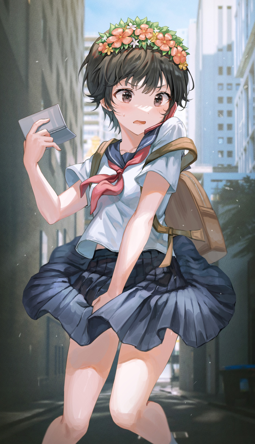 1girl absurdres backpack bag bangs black_hair blurry blush breasts brown_eyes building collarbone commentary day depth_of_field flower flower_wreath hair_flower hair_ornament head_wreath highres looking_at_viewer neckerchief open_mouth outdoors pleated_skirt red_neckwear sailor_collar sakugawa_school_uniform school_uniform serafuku short_hair short_sleeves skirt skirt_tug small_breasts solo standing sweatdrop toaru_kagaku_no_railgun toaru_majutsu_no_index tokkyu uiharu_kazari