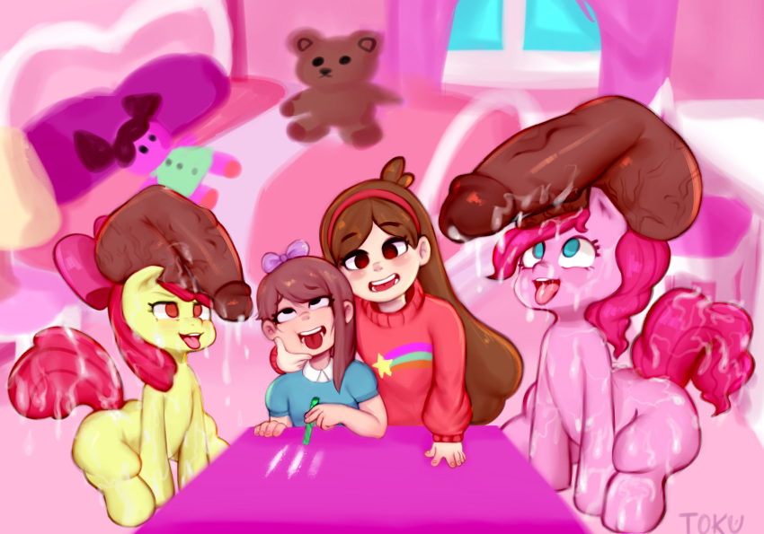 accessory apple_bloom_(mlp) bow_ribbon brown_hair clarence_(series) cocaine disney drugs equid equine female friendship_is_magic gravity_falls group hair hair_accessory hair_bow hair_ribbon hasbro hi_res horse human kimby_(clarence) mabel_pines male male/female mammal my_little_pony pink_hairband pinkie_pie_(mlp) plushie pony purple_bow ribbons teddy_bear tongue tongue_out