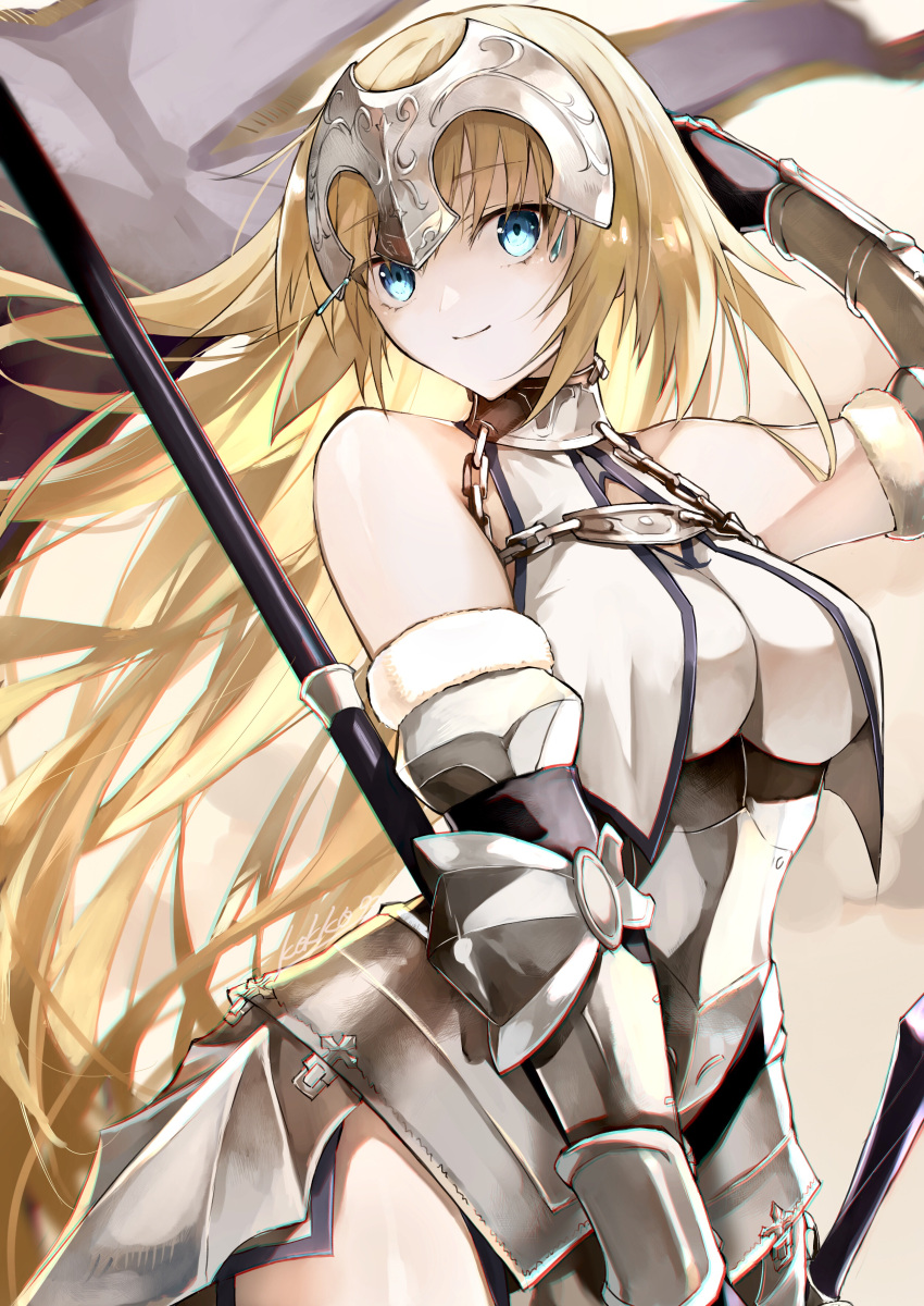 1girl absurdres armor armored_dress blonde_hair blue_eyes breast_curtains breasts chain collar dress fate/apocrypha fate/grand_order fate_(series) faulds flag gauntlets headpiece highres jeanne_d'arc_(fate) jeanne_d'arc_(ruler)_(fate) jeanne_d'arc_(third_ascension)_(fate) kino_kokko large_breasts long_hair looking_at_viewer metal_collar plackart polearm smile solo sword very_long_hair weapon white_dress