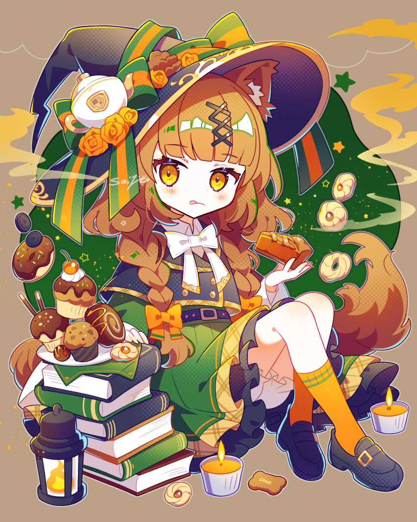 1girl :p animal_ears braid brown_background brown_hair candle candy cat_ears dress food full_body hat highres lantern original saijo1201 solo sweets tongue tongue_out twin_braids witch witch_hat yellow_eyes