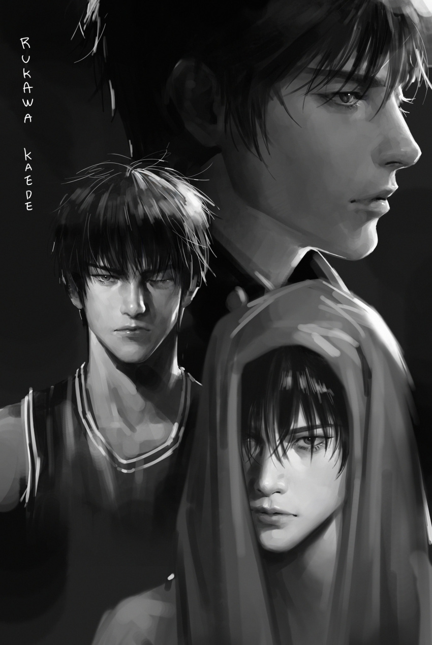 1boy 6ugori absurdres basketball_jersey basketball_uniform bruise bruised_eye character_name closed_mouth greyscale hair_over_one_eye highres injury looking_at_viewer male_focus monochrome multiple_views one_eye_closed profile rukawa_kaede short_hair slam_dunk_(series) sportswear tank_top towel towel_on_head upper_body