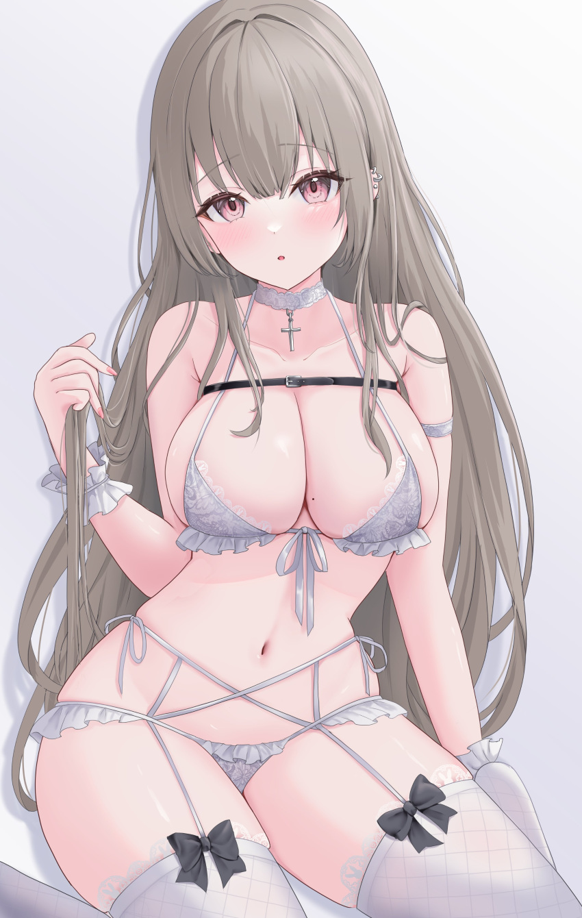 1girl :o absurdres arm_strap arm_support belt black_belt black_bow blush bow bra breasts brown_hair chest_belt choker commentary_request cross drop_shadow ear_piercing fingernails frilled_panties frills front-tie_bra garter_straps grey_background hand_up highres holding holding_hair lace lace_choker large_breasts long_fingernails long_hair looking_at_viewer mole mole_on_breast nail_polish navel original panties parted_lips piercing pink_eyes pink_nails simple_background sitting solo thighhighs underwear underwear_only uni_ikura very_long_hair wariza white_bra white_choker white_panties white_thighhighs wrist_cuffs