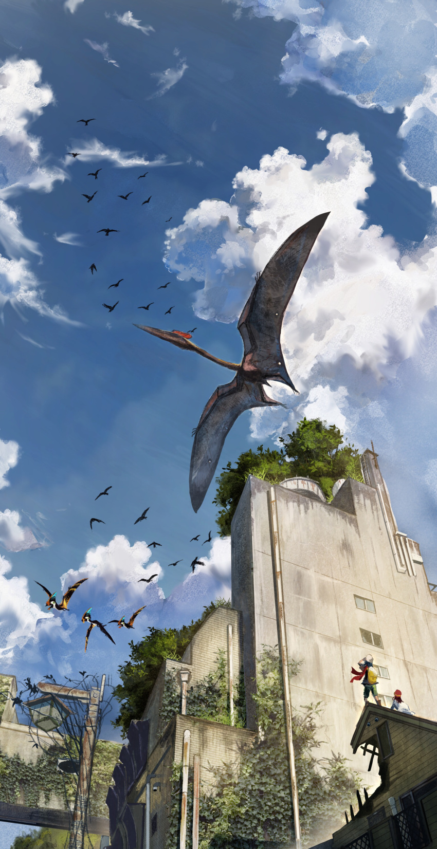 2girls abandoned absurdres ari_hinoko blue_sky building cloud cumulonimbus_cloud feet_out_of_frame flying highres lamppost looking_at_animal multiple_girls original outdoors overgrown quetzalcoatlus ruins simple_bird sky standing tapejara utility_pole wooden_house