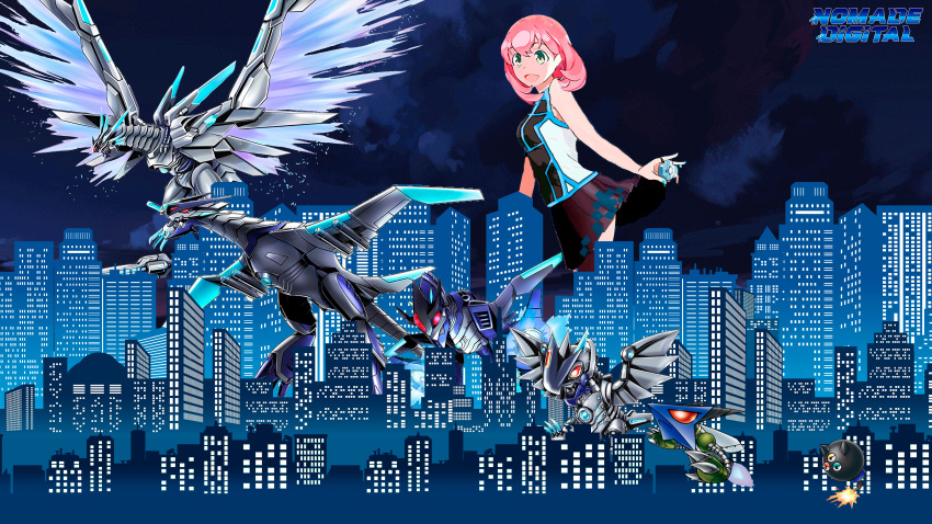 absurdres bommon bug butterfly city cloud digimon digimon_adventure digimon_card_game digimon_linkz digivice ending_digimon highres i_wish jazamon jazardmon jazarichmon kurihara_hina layered_skirt metallicdramon microphone missimon music night non-web_source singing skirt sky tengo_la_fe