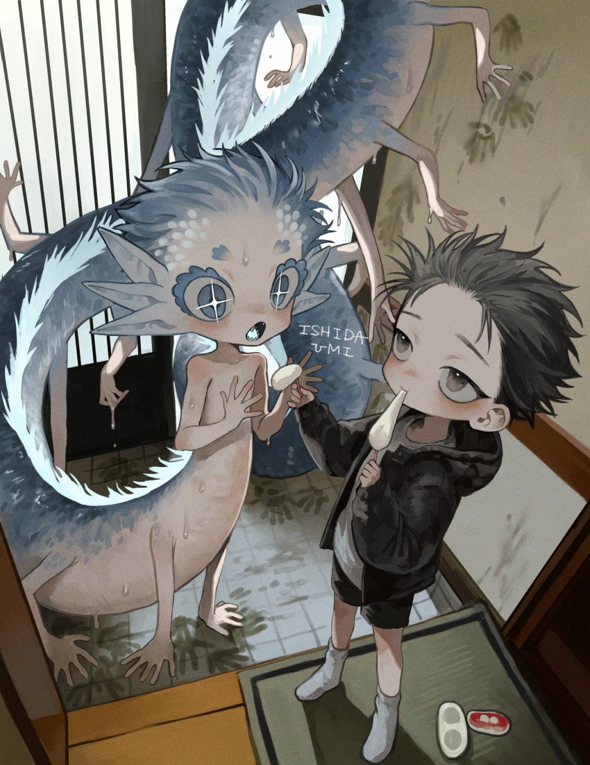 +_+ 1boy 1girl absurdres artist_name black_hair black_jacket black_shorts blue_eyes blue_hair brown_eyes door dragon dragon_girl eastern_dragon eating entrance extra_arms extra_ears eyelashes flat_chest food food_in_mouth giving handprint highres holding holding_food hood hood_down hooded_jacket indoors ishida_umi jacket looking_at_another mochi mochi_trail monster_girl no_shoes nude open_clothes open_jacket open_mouth original pointy_ears scales sharing_food sharp_teeth short_hair shorts socks standing teeth tile_floor tiles very_short_hair watermark wet white_socks