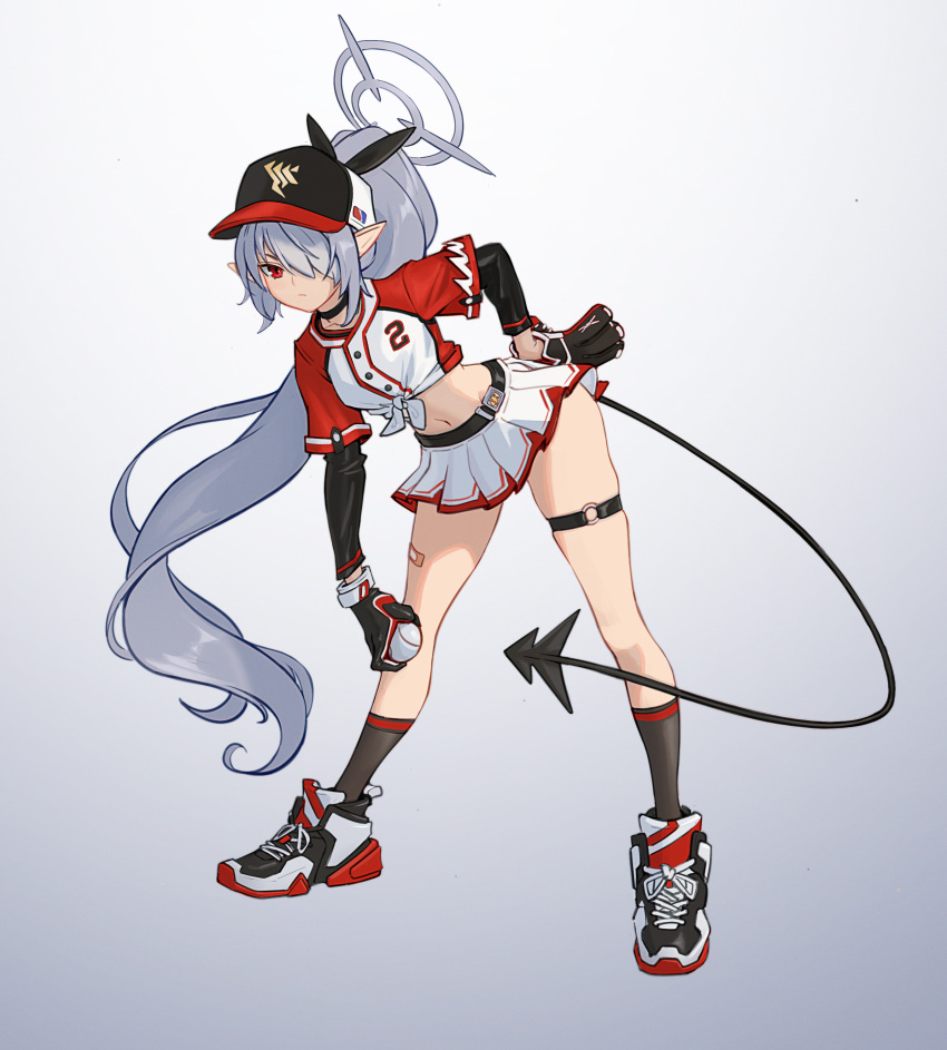 1girl absurdres alternate_costume alternate_hairstyle ball baseball baseball_cap baseball_mitt baseball_uniform belt bent_over black_footwear black_gloves black_socks black_tail blue_archive concept_art crop_top dark-skinned_female dark_skin demon_tail full_body gloves grey_hair halo hand_on_own_ass hat highres holding holding_ball iori_(blue_archive) kneehighs layered_sleeves long_hair long_sleeves looking_at_viewer midriff minhbui131 parted_lips shirt short_over_long_sleeves short_sleeves skirt socks sportswear tail tied_shirt two-tone_shirt two-tone_skirt