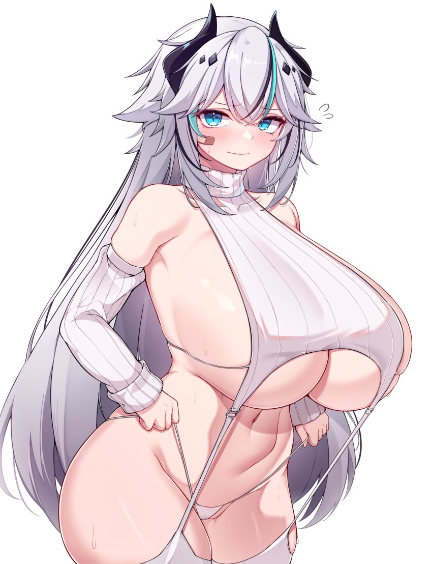 1girl 5danny1206 aqua_hair bandaid bandaid_on_face bare_shoulders black_hair blue_eyes blush breasts closed_mouth crossed_bangs detached_sleeves grey_hair highres horns huge_breasts long_hair long_sleeves looking_at_viewer meme_attire multicolored_hair navel original panties simple_background solo strap_pull streaked_hair underwear virgin_destroyer_sweater white_background white_panties