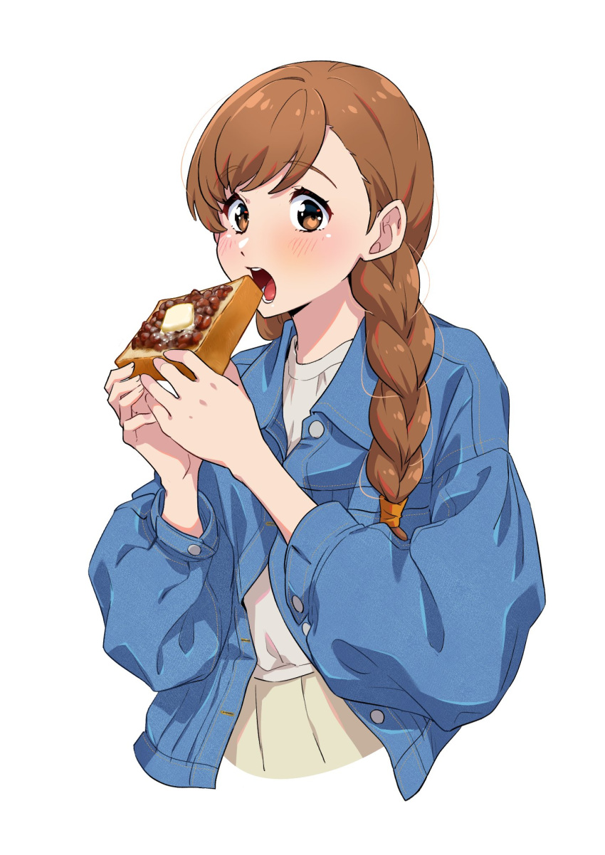 1girl adzuki_bean blue_jacket blush braid bread bread_slice brown_eyes brown_hair butter cropped_torso eating edomon-do food grey_shirt hair_over_shoulder hands_up highres holding holding_food jacket long_hair long_sleeves looking_at_viewer open_mouth orange_eyes original pleated_skirt shirt simple_background skirt solo toast twin_braids twintails upper_body white_background