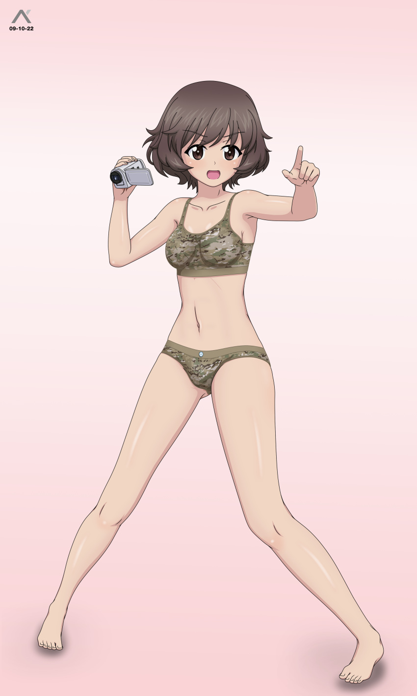 1girl absurdres acrux akiyama_yukari artist_logo barefoot bra breasts brown_bra brown_eyes brown_hair brown_panties brown_sports_bra camera camouflage camouflage_panties camouflage_sports_bra commentary dated english_commentary frown girls_und_panzer highres holding holding_camera medium_breasts messy_hair navel open_mouth panties pink_background pointing short_hair solo sports_bra standing underwear underwear_only video_camera