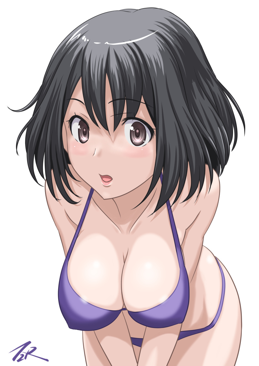 1girl artist_name bent_over bikini black_hair breasts brown_eyes cleavage collarbone commentary_request covered_nipples cowboy_shot haguro_(kancolle) highres kantai_collection large_breasts looking_at_viewer purple_bikini short_hair simple_background solo swimsuit t2r white_background