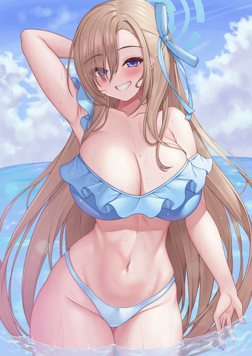 1girl armpits asuna_(blue_archive) bare_legs bare_shoulders bikini blue_archive blue_bikini blue_eyes blue_halo blue_ribbon blush breasts cleavage cowboy_shot grin groin hair_ribbon halo highres large_breasts light_brown_hair long_hair looking_at_viewer mole mole_on_breast navel pcreambang ribbon smile solo swimsuit wet