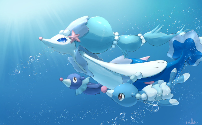 absurdres air_bubble black_eyes blue_eyes bright_pupils brionne bubble closed_mouth commentary_request evolutionary_line from_side gen_7_pokemon highres no_humans pokemon pokemon_(creature) popplio primarina reka_(reka730) shiny signature smile swimming underwater white_eyelashes white_pupils