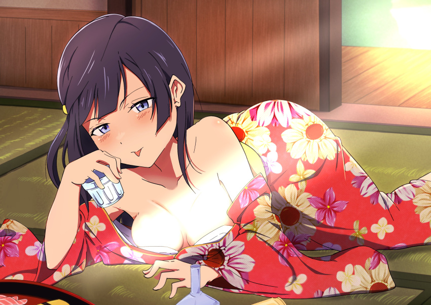 absurdres bare_shoulders black_hair blue_eyes blush breasts clothes_down cup double-parted_bangs floral_print food glass highres holding holding_cup japanese_clothes kimono love_live! love_live!_nijigasaki_high_school_idol_club lying medium_breasts on_floor on_side one_side_up red_kimono sushi tagme tongue tongue_out yuuki_setsuna_(love_live!) zasshoku_ojisan