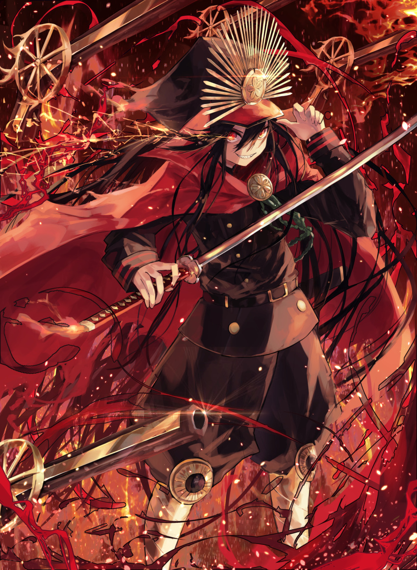 1girl black_hair cape family_crest fate/grand_order fate_(series) fire floating floating_object floating_weapon full_body grin gun hat highres holding holding_sword holding_weapon katana long_sleeves looking_at_viewer medallion military_hat multiple_weapons musket oda_nobunaga_(fate) oda_uri parted_lips peaked_cap red_background red_cape red_eyes red_theme shinonome_tsukasa smile solo standing sword weapon