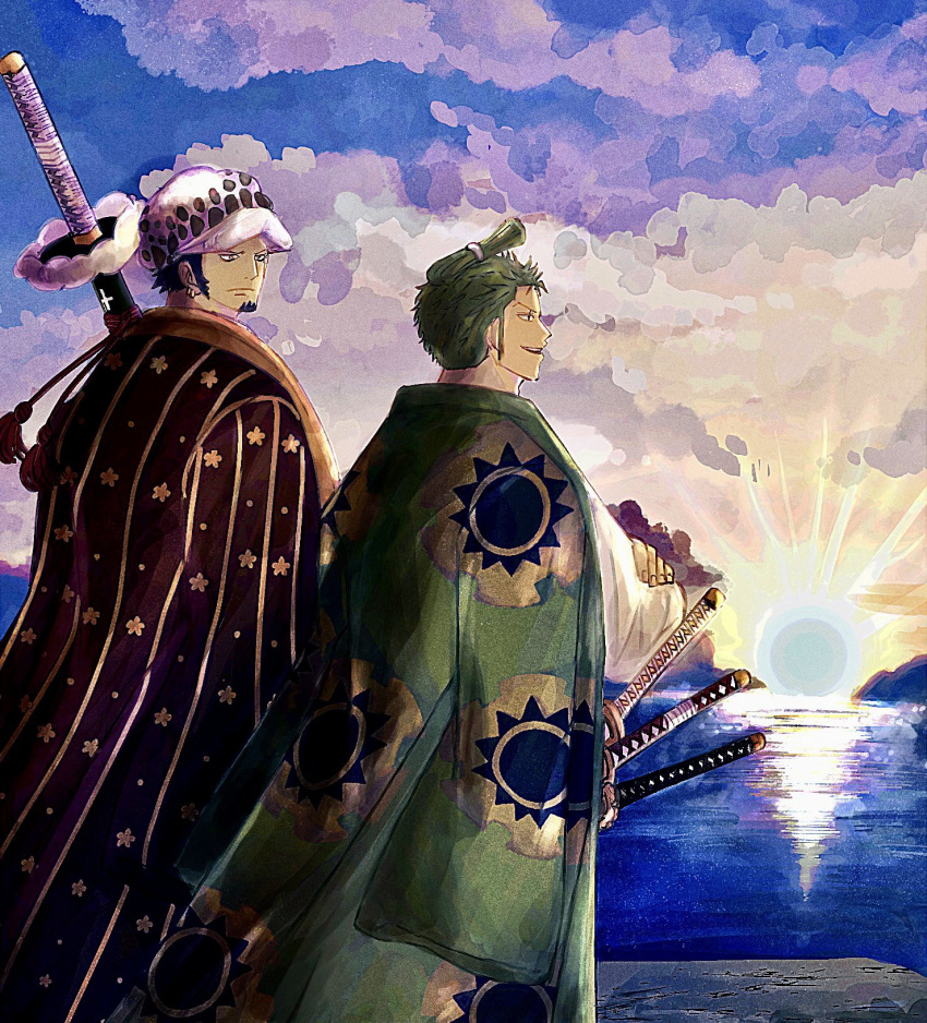 2boys black_eyes black_hair black_kimono blue_sky cloud cloudy_sky colored_skin cropped_kimono crossed_arms earrings facial_hair fingernails floral_print_kimono from_side goatee green_hair green_kimono hat highres holding holding_sword holding_weapon japanese_clothes jewelry kimino kimono kimono_on_shoulders looking_ahead looking_at_another multiple_boys multiple_swords multiple_weapons ocean one_piece parted_lips patterned_clothing roronoa_zoro sky smile standing sun sun_print sunrise sword teeth trafalgar_law upper_teeth_only utotu_uoxou v-shaped_eyebrows weapon white_headwear white_kimono white_skin yaoi yellow_eyes