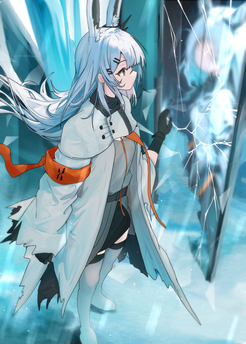 1girl animal_ear_fluff animal_ears arknights black_gloves black_scarf black_skirt black_thighhighs blunt_bangs boots broken_mirror cloak commentary dress frostnova_(arknights) full_body gloves grey_dress grey_eyes hair_ornament hairclip highres knee_boots long_hair long_sleeves looking_at_mirror mirror orange_armband rabbit_ears rabbit_girl reflection reunion_logo_(arknights) scar scar_on_face scar_on_nose scarf skirt solo sora_mame_(princess_0sora) symbol-only_commentary thighhighs white_cloak white_footwear white_hair