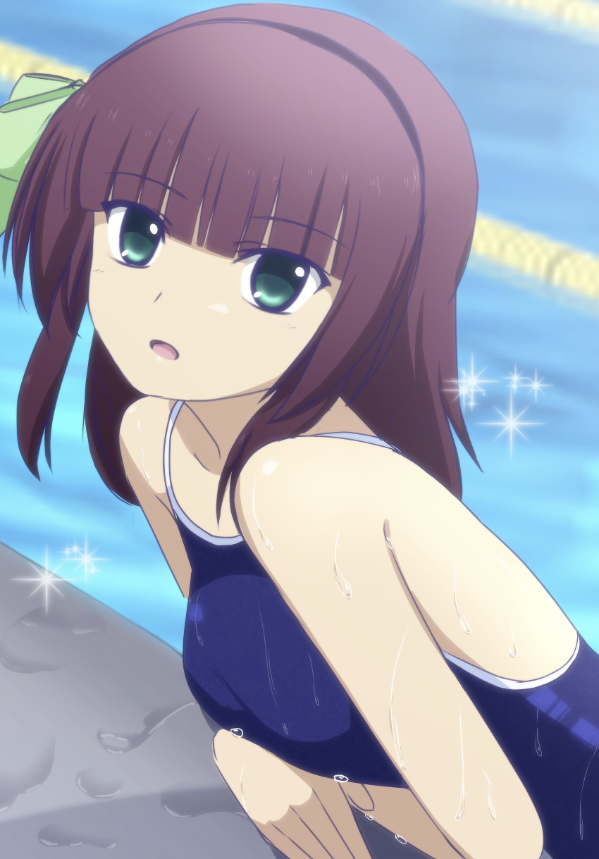 1girl absurdres angel_beats! bangs black_hairband blue_swimsuit blunt_bangs blurry blurry_background bow brown_hair collarbone competition_school_swimsuit eyebrows_visible_through_hair green_bow green_eyes hair_bow hairband highres leaning_forward lelie long_hair looking_at_viewer open_mouth poolside school_swimsuit solo spaghetti_strap sparkle swimsuit yuri_(angel_beats!)