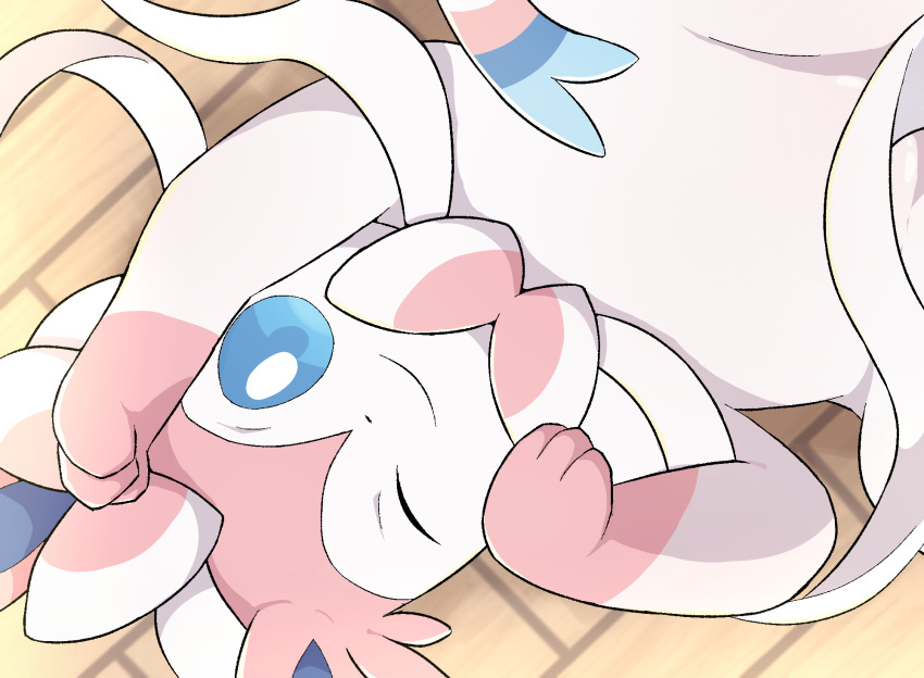 ambiguous_gender blue_sclera eeveelution feral fur generation_6_pokemon hi_res looking_at_viewer lying nintendo on_back one_eye_closed pink_body pink_fur pokemon pokemon_(species) quadruped rumine smile solo sylveon white_body white_eyes
