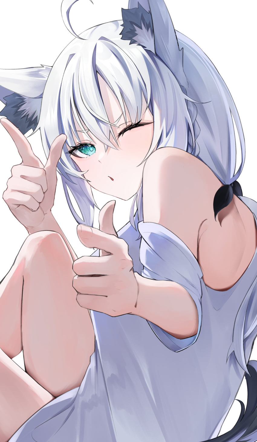 1girl absurdres ahoge animal_ear_fluff animal_ears aqua_eyes black_bow bow braid commentary_request double_finger_gun finger_gun fox_ears fox_girl fox_tail hair_between_eyes hair_bow highres hololive long_hair looking_at_viewer off_shoulder one_eye_closed parted_lips pointing pointing_at_viewer ponytail shirakami_fubuki shirt side_braid sidelocks simple_background solo tail thighs virtual_youtuber watatabeseeds white_background white_hair white_shirt