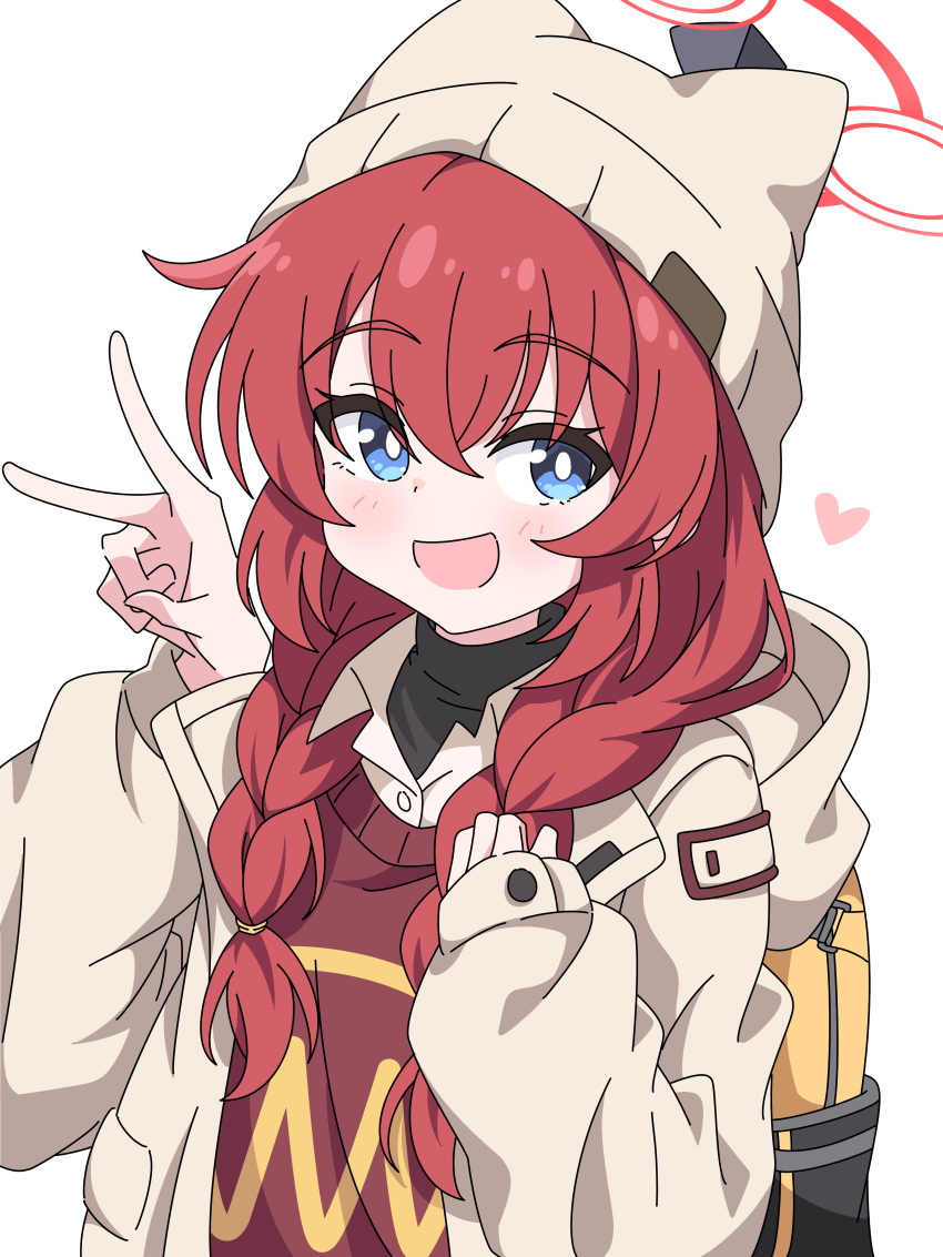 1girl absurdres backpack bag beanie blue_archive blue_eyes blush braid brown_vest collared_shirt grey_headwear grey_jacket halo hat heart highres jacket long_hair long_sleeves looking_at_viewer maki_(blue_archive) maki_(camp)_(blue_archive) mangyu0111 official_alternate_costume official_alternate_hairstyle open_clothes open_jacket open_mouth red_hair red_halo shirt smile solo twin_braids upper_body v vest white_shirt