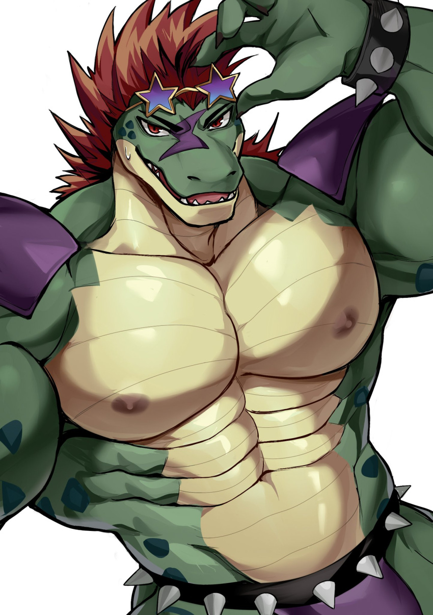 abs alligator alligatorid anthro biceps big_pecs bodily_fluids bulge chung0_0 clothing crocodilian eyewear five_nights_at_freddy's five_nights_at_freddy's:_security_breach green_body hair half_naked hi_res humanoid looking_at_viewer male mammal mohawk montgomery_gator_(fnaf) muscular muscular_anthro muscular_male nipples open_mouth pecs red_hair reptile scalie scottgames solo steel_wool_studios sunglasses sweat teeth underwear