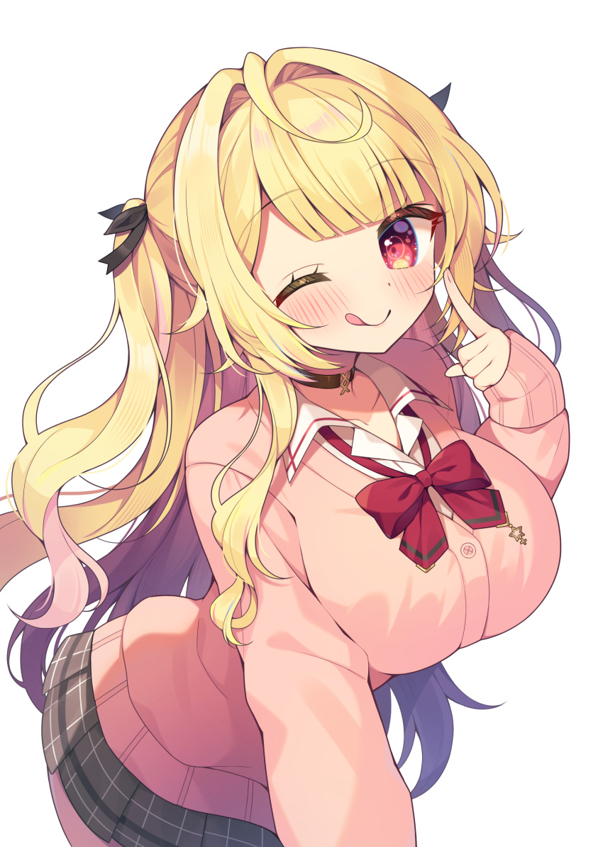 1girl :q ahoge blonde_hair blush bow bowtie breasts brown_choker cardigan choker closed_mouth dot_nose finger_to_face fingernails hair_intakes hair_ribbon highres hoshikawa_sara hoshikawa_sara_(4th_costume) large_breasts long_hair long_sleeves looking_at_viewer loose_bowtie nijisanji official_alternate_costume official_alternate_hairstyle one_eye_closed pink_cardigan plaid plaid_skirt pleated_skirt red_eyes ribbon school_uniform shirt simple_background skirt smile solo tongue tongue_out two_side_up ujiie very_long_hair virtual_youtuber white_background white_shirt