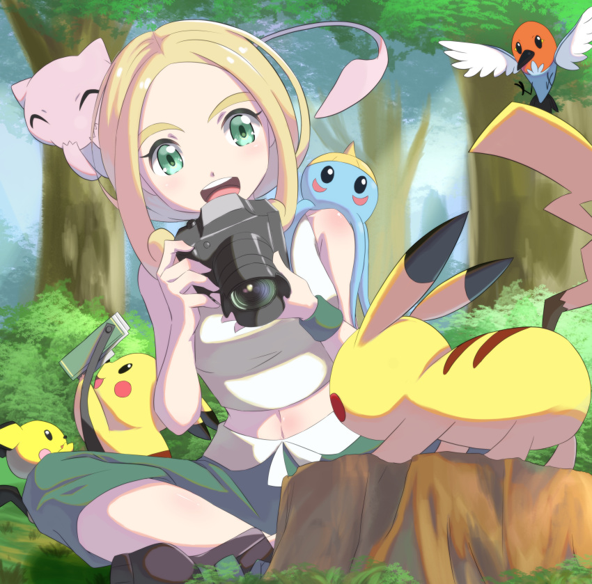 1girl :d absurdres ankle_boots belt blonde_hair blush boots breasts brown_footwear bush camera capri_pants commentary_request eyelashes fletchling gen_1_pokemon gen_2_pokemon gen_3_pokemon gen_6_pokemon grass green_eyes green_pants green_wristband gym_leader highres holding mew mythical_pokemon negimiso1989 open_mouth pants photographer pichu pikachu pokemon pokemon_(creature) pokemon_(game) pokemon_xy shiny shiny_hair shirt sitting sleeveless sleeveless_shirt smile surskit tongue tree tree_stump upper_teeth viola_(pokemon) white_belt white_shirt wristband