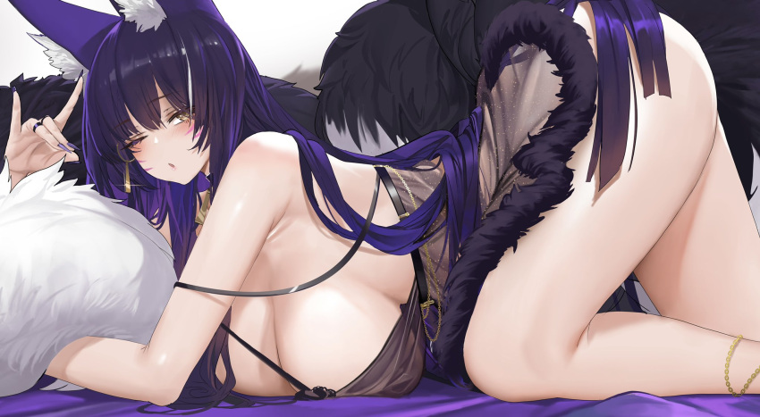 1girl all_fours animal_ear_fluff animal_ears anklet azur_lane bare_shoulders blush breasts cleavage commentary_request dishwasher1910 earrings fox_ears fox_shadow_puppet fox_tail from_side highres jewelry large_breasts long_hair looking_at_viewer looking_to_the_side multicolored_hair musashi_(azur_lane) nail_polish one_eye_closed open_mouth purple_hair purple_nails ring solo streaked_hair tail thighs white_background white_hair yellow_eyes