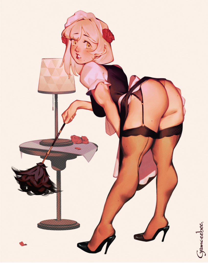 1girl absurdres ass bent_over black_footwear blush breasts brown_thighhighs cyber_(cyanceebee) duster english_commentary feather_duster flower garter_belt garter_straps genshin_impact grey_hair hair_flower hair_ornament high_heels highres holding lamp lips looking_at_viewer looking_back maid mole mole_on_ass mole_under_mouth noelle_(genshin_impact) nose parted_lips petals red_flower short_hair short_sleeves signature simple_background solo standing thighhighs