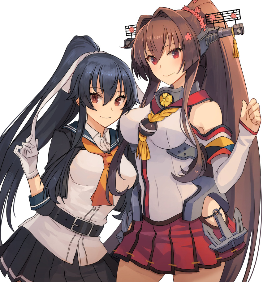 2girls belt belt_buckle black_belt black_hair black_jacket black_sailor_collar black_skirt brown_eyes brown_hair buckle closed_mouth cowboy_shot cropped_jacket eyebrows_visible_through_hair flower gloves hair_between_eyes hair_flower hair_ornament highres jacket kantai_collection kasumi_(skchkko) long_hair multiple_girls neckerchief orange_neckwear pink_flower pleated_skirt ponytail red_skirt remodel_(kantai_collection) sailor_collar skirt smile white_gloves yahagi_(kancolle) yamato_(kancolle)