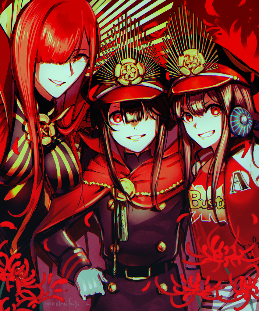 3girls absurdres black_bodysuit black_hair bodysuit buster_shirt cape collared_cape family_crest fate/grand_order fate_(series) flower grin hair_between_eyes hair_over_one_eye hand_on_own_hip hat headphones headphones_around_neck highres jacket letterman_jacket looking_at_viewer medallion military_hat multiple_girls multiple_persona oda_nobunaga_(fate) oda_nobunaga_(maou_avenger)_(fate) oda_nobunaga_(swimsuit_berserker)_(fate) oda_uri parted_lips peaked_cap popped_collar red_background red_cape red_eyes red_hair rokufuji_m sidelocks skirt smile spider_lily striped striped_skirt tight_top