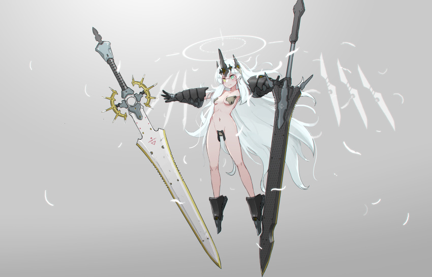 1girl absurdres breasts contrast crotch_plate crown floating floating_object floating_sword floating_weapon gauntlets green_eyes groin halo heterochromia highres huge_weapon long_hair navel oota_youjo original revealing_clothes solo sword very_long_hair weapon white_hair yellow_eyes