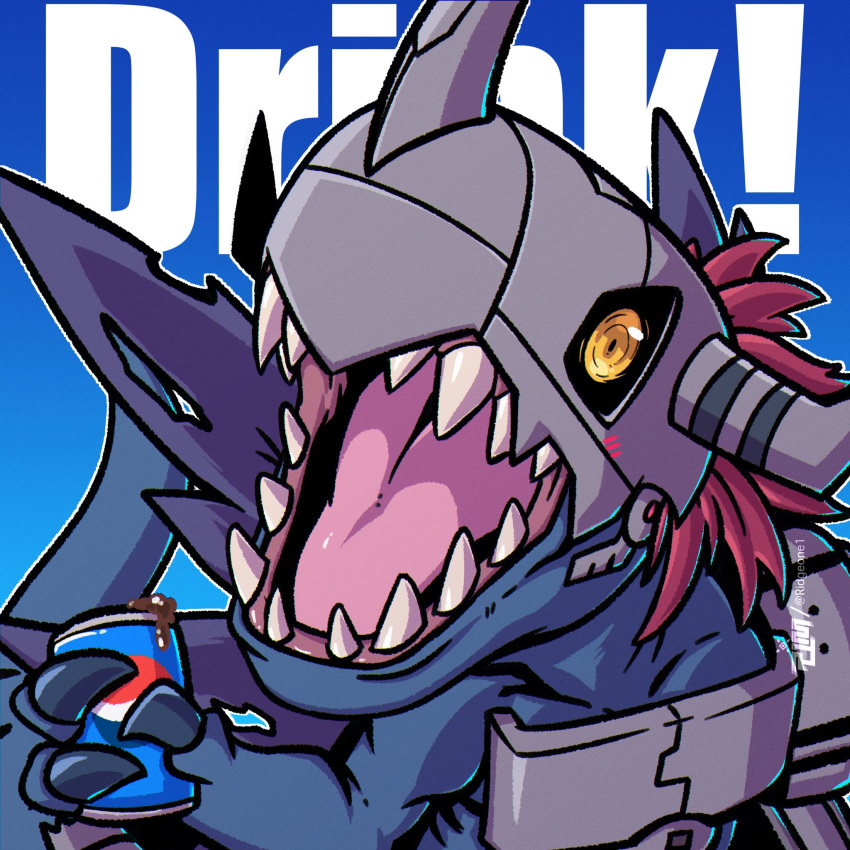 armor blue_background blue_skin blush can claws colored_skin crossover digimon digimon_(creature) digimon_world drink_can english_text highres horns mechanical_arms metalgreymon metalgreymon_virus open_mouth pepsi pepsiman_(game) ridgeone sharp_teeth sign soda soda_can solo tail teeth tongue torn_wings twitter_username wings yellow_eyes